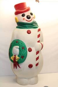 lot A-17 image: Vintage Holiday Snowman Figurine with Wreath and Candy Cane Blow Mold