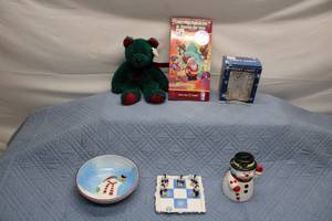 lot 42 image: Christmas Themed Lot Stuffed Toy Bear, Decorative Bowl, Snowman Cookie Jar, Night Light, and Thomas Kinkade Gazebo