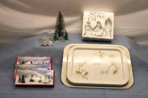 lot 50 image: Americana Collection Holiday Decor Set with Miniature Trees, Serving Tray, and Figurines