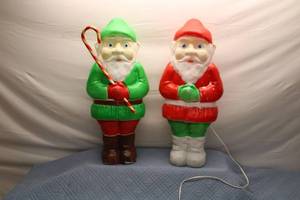 lot A-57 image: Vintage Christmas Light-Up Santa Figures - Green and Red Blow Mold