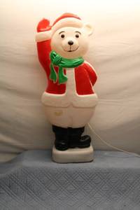 lot A-64 image: Vintage Light-Up Christmas Polar Bear Decoration in Santa Outfit Blow Mold