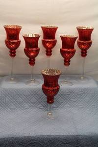 lot 87 image: Set of 6 Vintage Red Glass Vases with Gold Accents