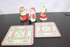 lot 92 image: Set of 3 Christmas Themed Salt and Pepper Shakers and 2 Decorative Coasters