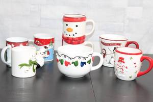 lot 93 image: Set of 8 Holiday-Themed Mugs with Festive Designs