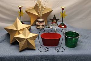 lot 114 image: Collection of Decorative Holiday Items Including Candle Holders, Star Decor Boxes, and Buckets