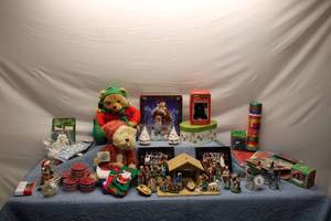 lot 115 image: Christmas Decor Collection Including Bears, Nativity Set, and Holiday Crafts