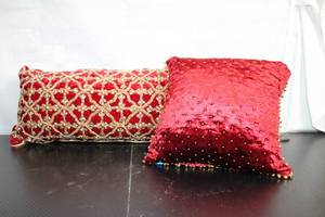 lot 128 image: Pair of Decorative Red Velvet and Gold Accent Pillows