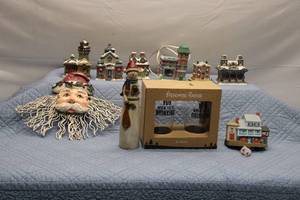 lot B-147 image: Collection of 9 Holiday Village Houses and Figurines with Decorative Lights