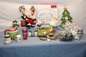 lot 150 image: Holiday Decor Collection Including Snowman Mug, Mickey Mouse Tumblers, and Reindeer Plushies