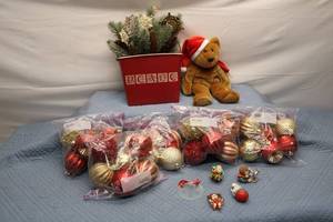 lot 154 image: Christmas Decor Lot Assorted Ornaments, Plush Bear, and Decorative Basket
