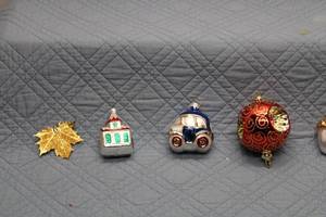 lot C-173 image: Set of 5 Vintage Christmas Ornaments Including Car, Leaf, and Acorn