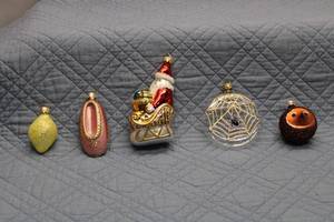 lot C-180 image: Set of 5 Decorative Christmas Ornaments - Santa, Sleigh, and More