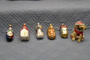 lot C-181 image: Set of 6 Vintage Christmas Ornaments Including Dog and Cottage Designs