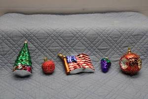 lot C-184 image: Set of 5 Vintage Glass Christmas Ornaments - Tree, Flag, Bauble, Grapes, and Globe