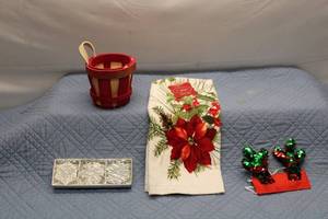 lot 191 image: Christmas Holiday Decor Set with Poinsettia Towel, Sequin Antlers, and Holiday Decorations