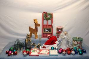 lot 201 image: Christmas Holiday Dcor Collection including Santa, Reindeer, and Ornament Set