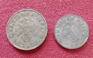lot 13 image: (2) WW2 German Third Reich Coins - 1 & 10 Pfennig