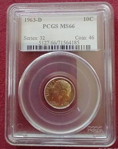lot 20 image: 1963-D Silver Dime - PCGS MS66