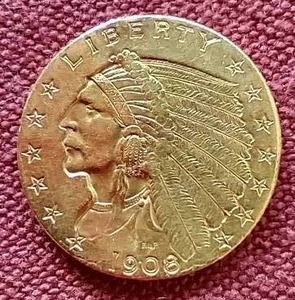 lot 44 image: Beautiful 1908 Indian $2.50 Gold Coin