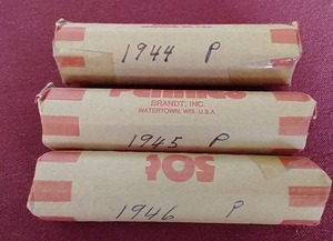 lot 53 image: (3) Wheat Penny Rolls - 1944, 1945, 1946