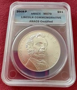 lot 68 image: 2009 Abraham Lincoln Commemorative Silver Dollar - ANACS MS70