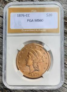 lot 85 image: 1876-CC Liberty Head $20 Gold Coin PGA MS60 - WOW