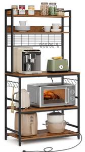 VASAGLE Hutch Bakers Rack with Power Outlet, 14 Hooks Microwave Stand, Adjustable Coffee Bar with Metal Wire Panel, Kitchen Storage Shelf, 15.7 x 31.5 x 66.9 Inches, Rustic Brown and Black