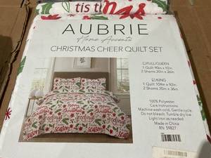 lot 213 image: HowPlum Christmas Cheer Winter Script Lightweight Holiday Quilt King Bedding Set, Red Green White