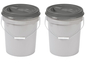 lot 206 image: Mighty Tuff 5 Gallon  21 Pound Pet Food Storage Container, Pack of 2 with Metal Handle and Airtight Lid to Lock in Freshness, Light Grey Base & Dark Grey Lid