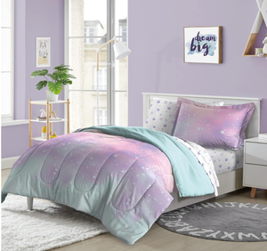 lot 209 image: Dream FACTORY Kids 7-Piece Complete Bed Set Easy-Wash Super Soft Microfiber Comforter Bedding, Full, Pink Twilight Galaxy Stars