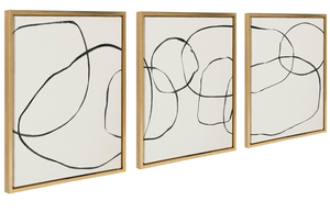 lot 216 image: Kate and Laurel Sylvie Dancing Circles Framed Linen Textured Canvas Wall Art Set by Teju Reval of SnazzyHues, 3 Piece Set 18x24 Gold, Modern Neutral Abstract Wall Art Dcor Set