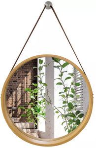 lot 238 image: Americanflat 20 Round Mirror with Strap - Hanging Mirror with Durable Frame- Natural Oak