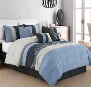 lot 333 image: Chezmoi Collection Napa 7-Piece Luxury Autumn Leaves Scroll Embroidery Bedding Comforter Set (King, NavyBlueGray)