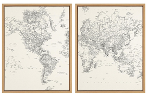 lot 341 image: Kate and Laurel Sylvie Vintage Black and White World Map Framed Canvas Wall Art Set by The Creative Bunch Studio, 2 Piece 18x24 Natural, Chic Map Art for Wall