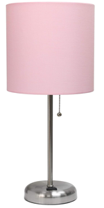 lot 348 image: Simple Designs LT2024-LPK Brushed Steel Stick Table Desk Lamp with Charging Outlet and Drum Fabric Shade, Light Pink