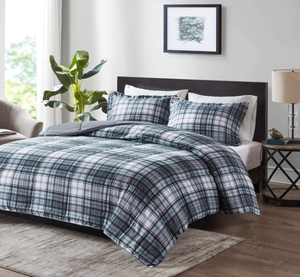 lot 522 image: Madison Park Essentials Parkston Plaid Comforter, Matching Sham, 3M Scotchguard Stain Release Cover, Hypoallergenic All Season Bedding-Set, KingCalifornia King, Grey, 3 Piece