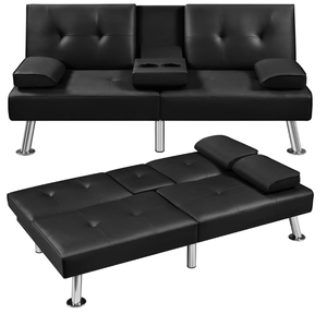 lot 527 image: Yaheetech Convertible Sofa Bed Adjustable Couch Sleeper Modern Faux Leather Recliner Reversible Loveseat Folding Daybed Guest Bed, Removable Armrests, Cup Holders, 3 Angles, 772lb Capacity, Black