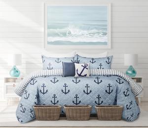 lot 191 image: Queen Size 3PCS LoftHome Quilts for Bed Blue Anchors Bedspreads Soft Bed Summer Quilt Lightweight Microfiber Bedspread