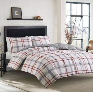 lot 516 image: 3PCS Eddie Bauer Portage Bay Plaid Comforter and Sham Set Silver