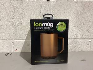 lot 457 image: ionMug & Charging Coaster, 12oz. Stainless Steel Self Heating Coffee Mug with Lid, 3.5 x 3.5 x 5