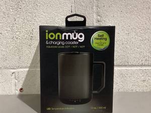 lot 458 image: ionMug & Charging Coaster, 12oz. Stainless Steel Self Heating Coffee Mug with Lid, 3.5 x 3.5 x 5