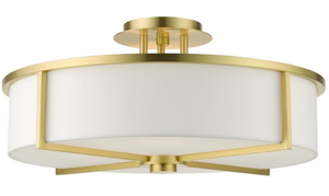 lot 38 image: Livex Lighting 51075-12 Wesley Collection 4-Light Semi Flush Mount Ceiling Light with Off-White Hardback Fabric Shade, Satin Bras