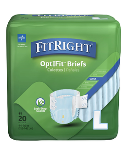 lot 282 image: FitRight OptiFit Briefs, Ultra Absorbency, Disposable Adult Briefs with Tabs, Large, 44-56, 4 bags of 20 (80 Count)