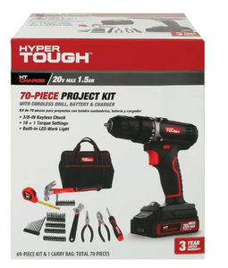lot 505 image: Hyper Tough 20V Max 1.5AH 70-Piece Project Kit with Cordless Drill, Battery & Charger