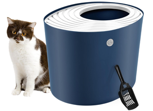 lot 714 image: IRIS USA Cat Litter Box, Top Entry Litter Box with Scoop, Stylish Round Cat Litter Box Enclosure