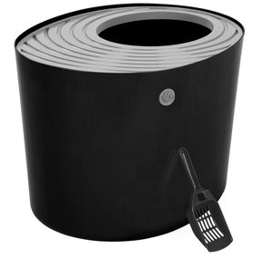 lot 715 image: IRIS USA Cat Litter Box, Top Entry Litter Box with Scoop, Stylish Round Cat Litter Box Enclosure