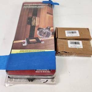 lot 96 image: Hinge Mortise Kit Fits All Standard Door Thickness Open Box  And Two Sets Of Hinges New