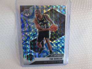 lot 218 image: 2020-21 Mosaic Tim Duncan Blue Priz...
