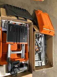 Lot of Assorted Ridgid Tile Saws with Stand One Unit Missing Pieces  Various Models and Conditions  Customer Returns See Pictures