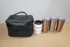 lot 133 image: Steve Madden Make-Up Bag with Travel Mug and Can Coozie
